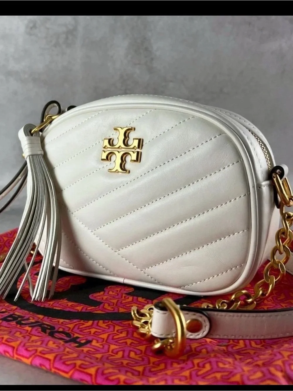 Tory Burch Kira Chevron Small Leather Crossbody Bag with white dust bag